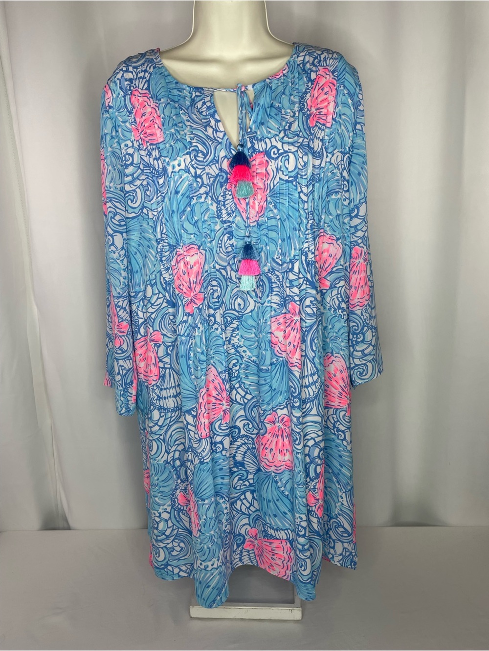 Lilly Pulitzer Shift Dress Large Blue Pink Seashell Print Tassel Tie Pleated 3/4
